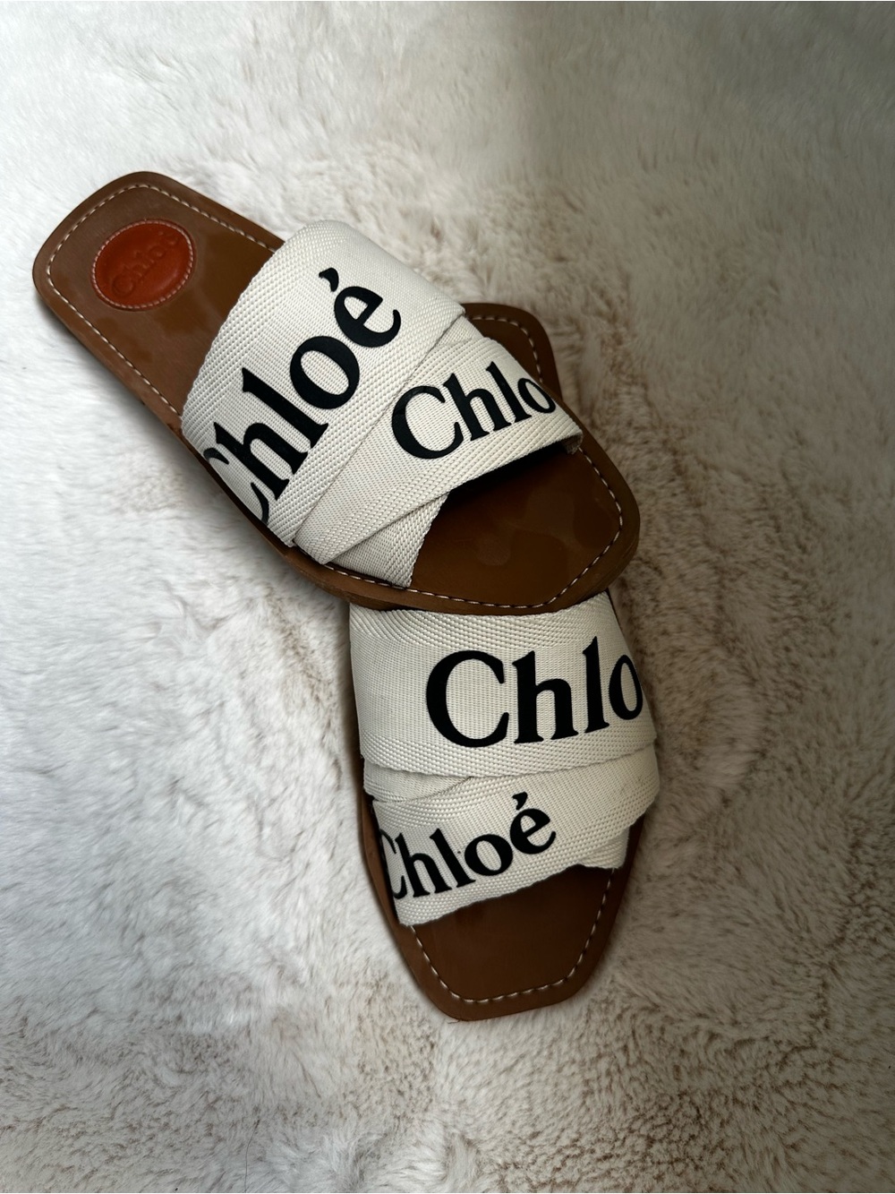 Chloe Woody Flat Logo Ribbon Slide Sandals